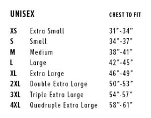 Size chart for short sleeve t-shirts