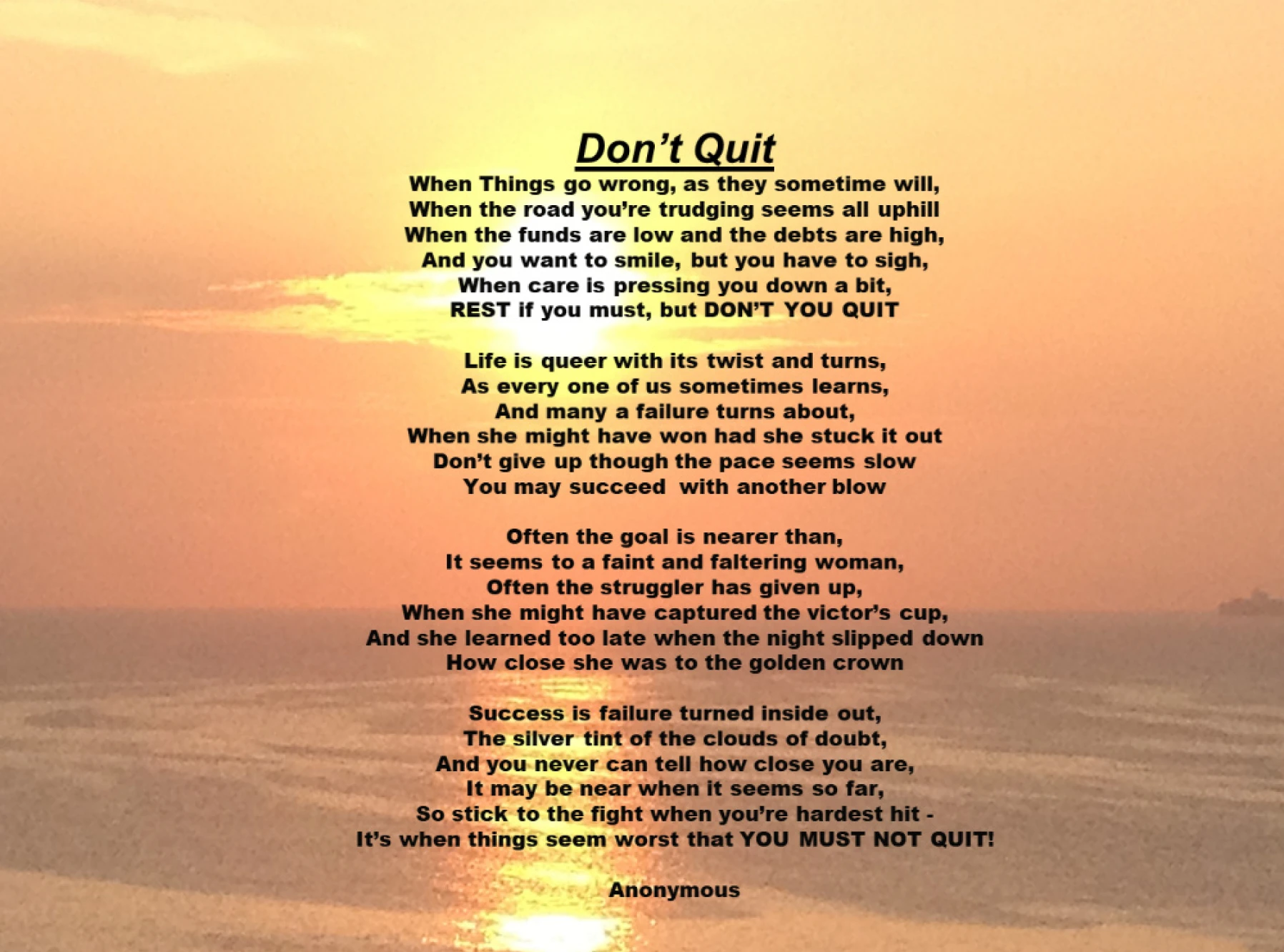 Inspirational poem over sunset background